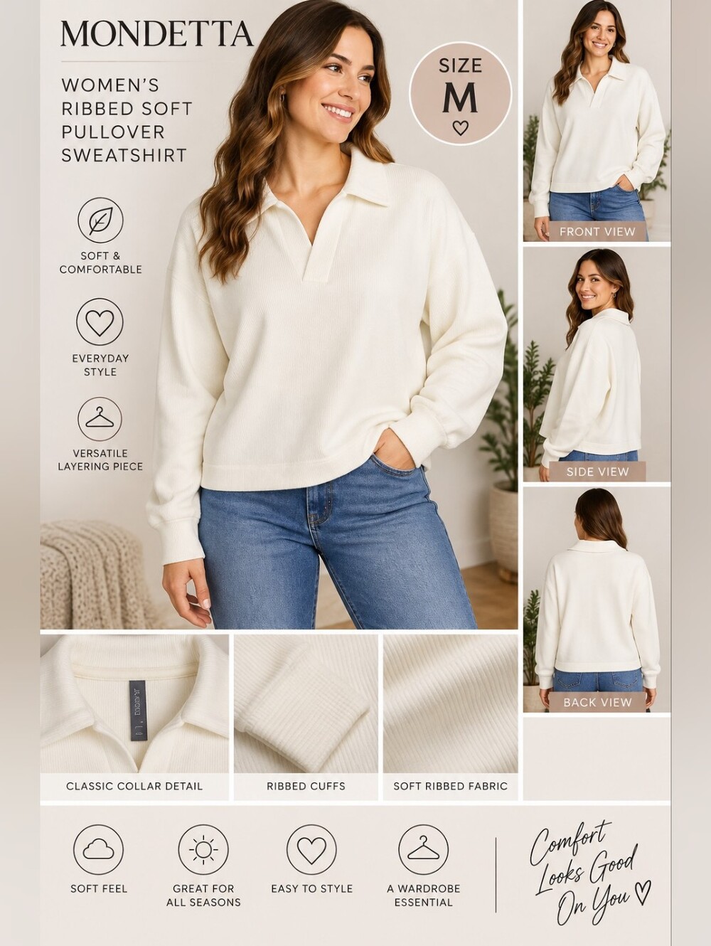Mondetta women's medium white ribbed soft pullover sweatshirt #29